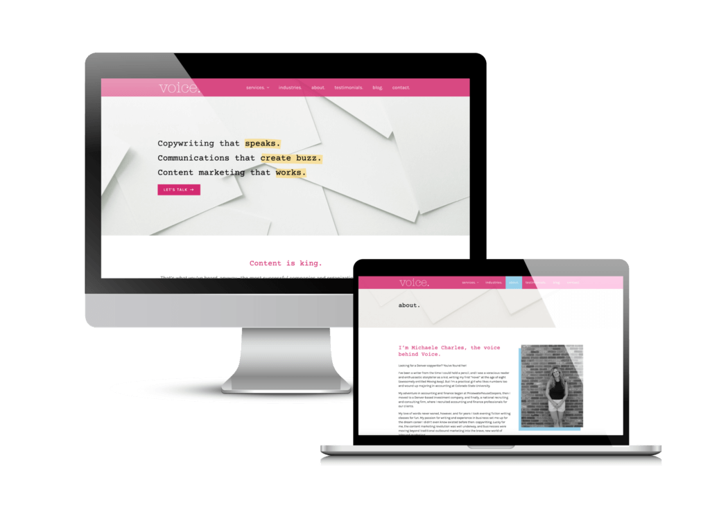 Copywriter website design: the Voice Communications website Creare designed and built