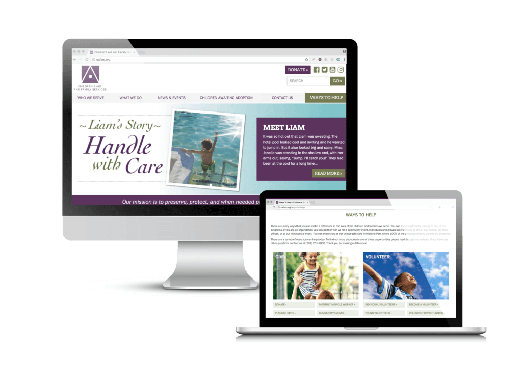 Family services non-profit website: the Children’s Aid & Family Services (CAFS) website Creare designed and built