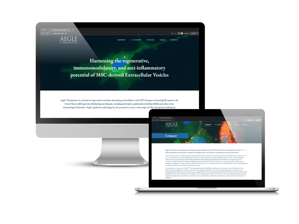 Biotech website example: the Aegle Therapeutics website Creare designed and built