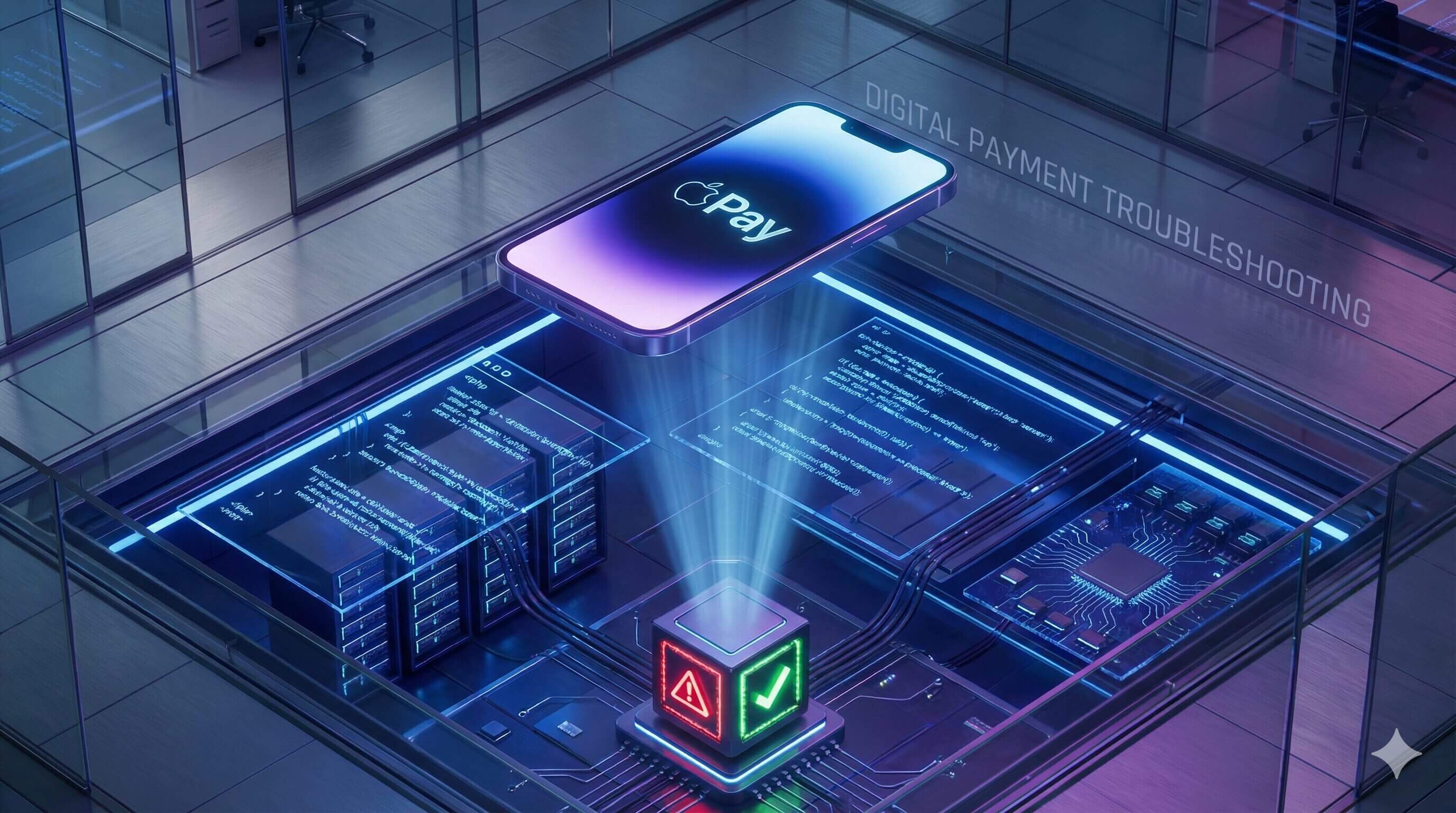 A futuristic 3D illustration showing a smartphone with an Apple Pay logo floating above a transparent floor revealing a data center. A beam of light from the phone connects to a cube on a circuit board that shows a red warning symbol turning into a green checkmark, symbolizing a digital payment troubleshooting process. The text "DIGITAL PAYMENT TROUBLESHOOTING" is visible in the background.