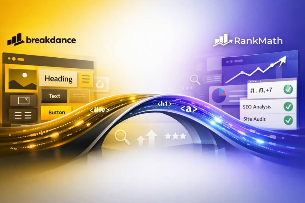 Breakdance page builder connected to Rank Math SEO dashboard by a digital data bridge, illustrating seamless WordPress page builder and SEO integration.