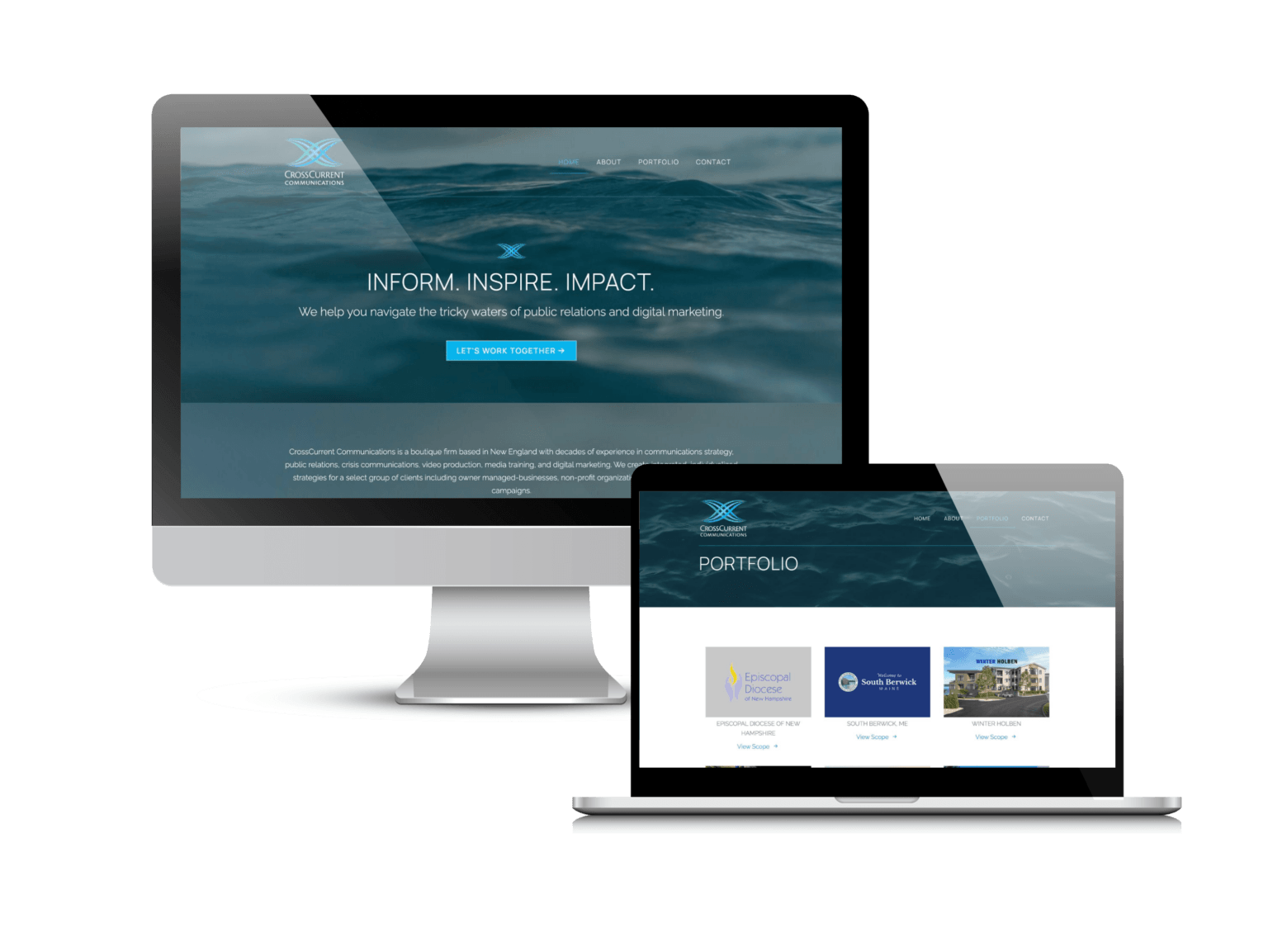 Video portfolio website: the Cross Current Communications website Creare designed and built, on a desktop and a laptop
