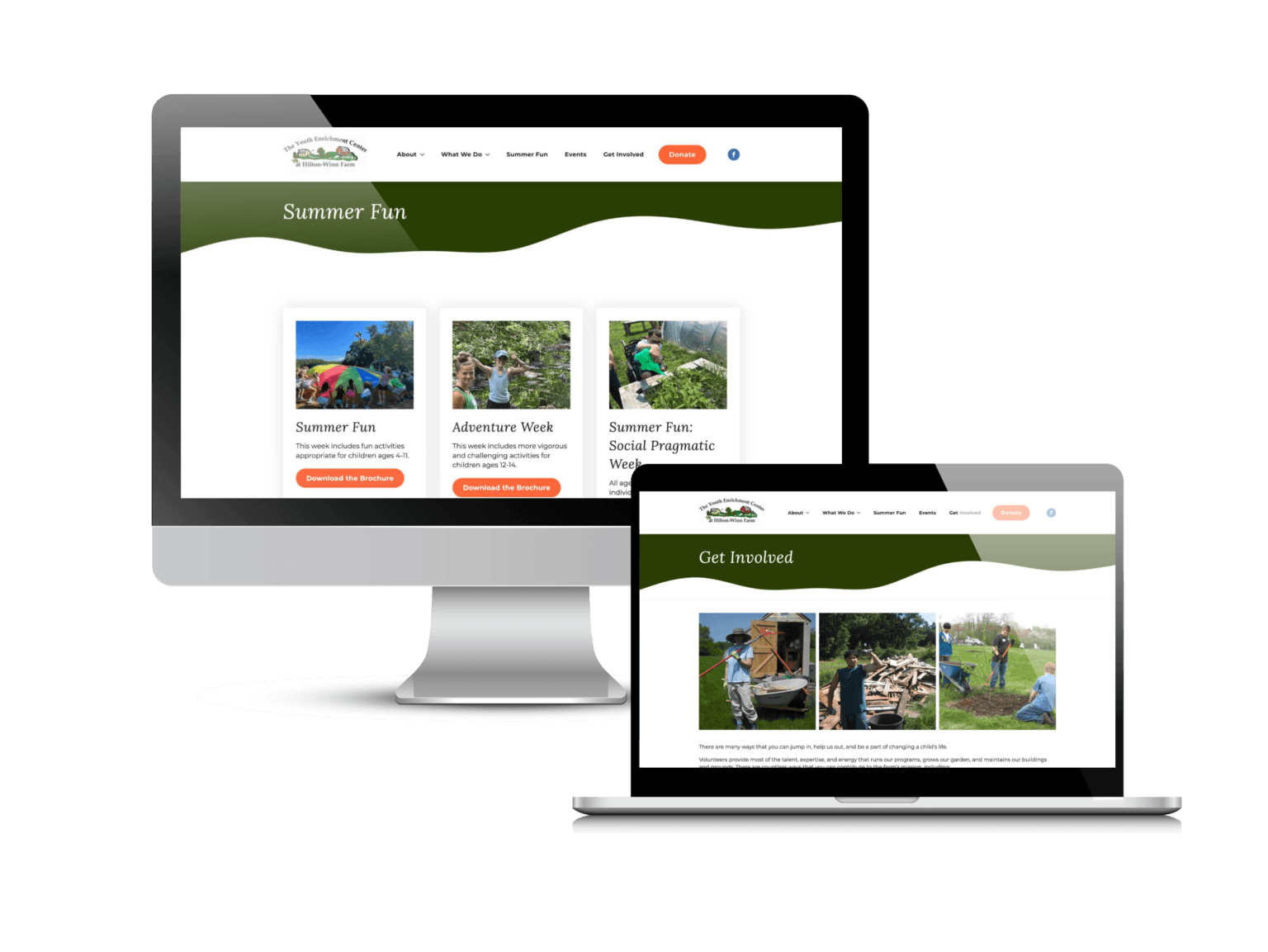 Farm non-profit website design: the Hilton-Winn Farm website Creare designed and built, on a desktop and a laptop