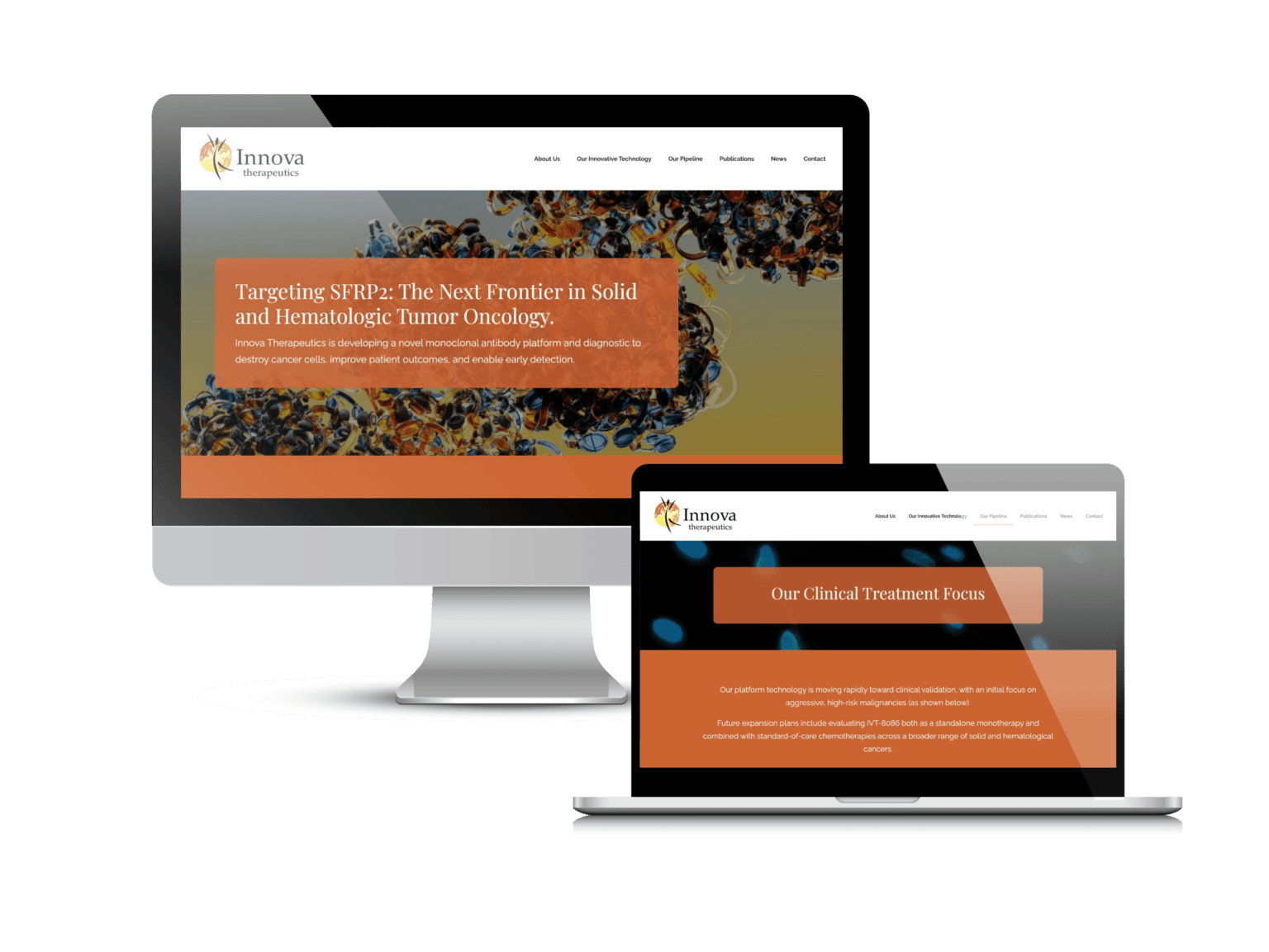 Biotech website design: the Innova Therapeutics website Creare designed and built, on a desktop and a laptop