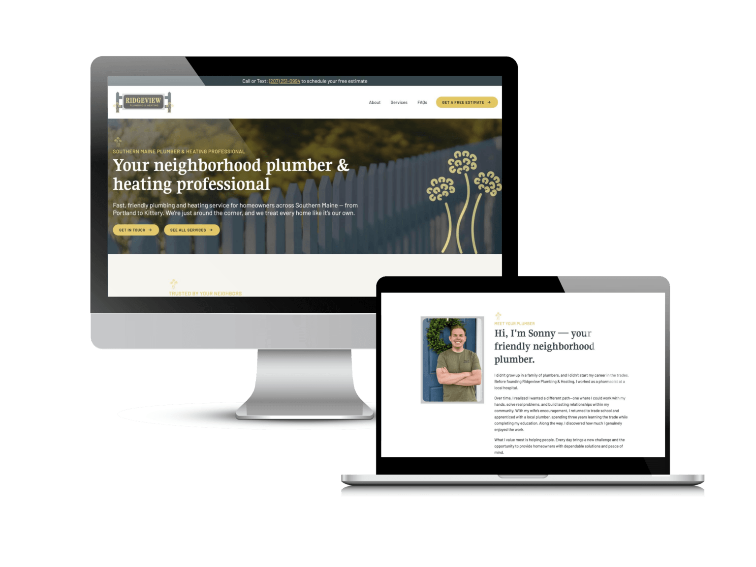 Plumbing and heating website design: the Ridgeview Plumbing & Heating website Creare designed and built, on a desktop and a laptop