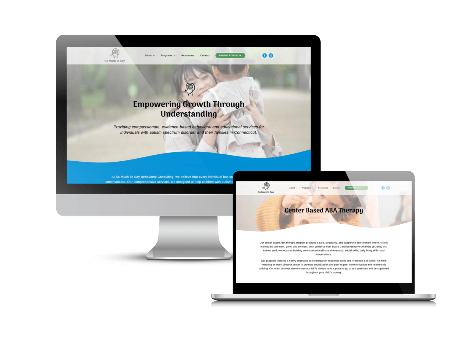 ABA therapy website design: the So Much to Say website Creare designed and built, on a desktop and a laptop