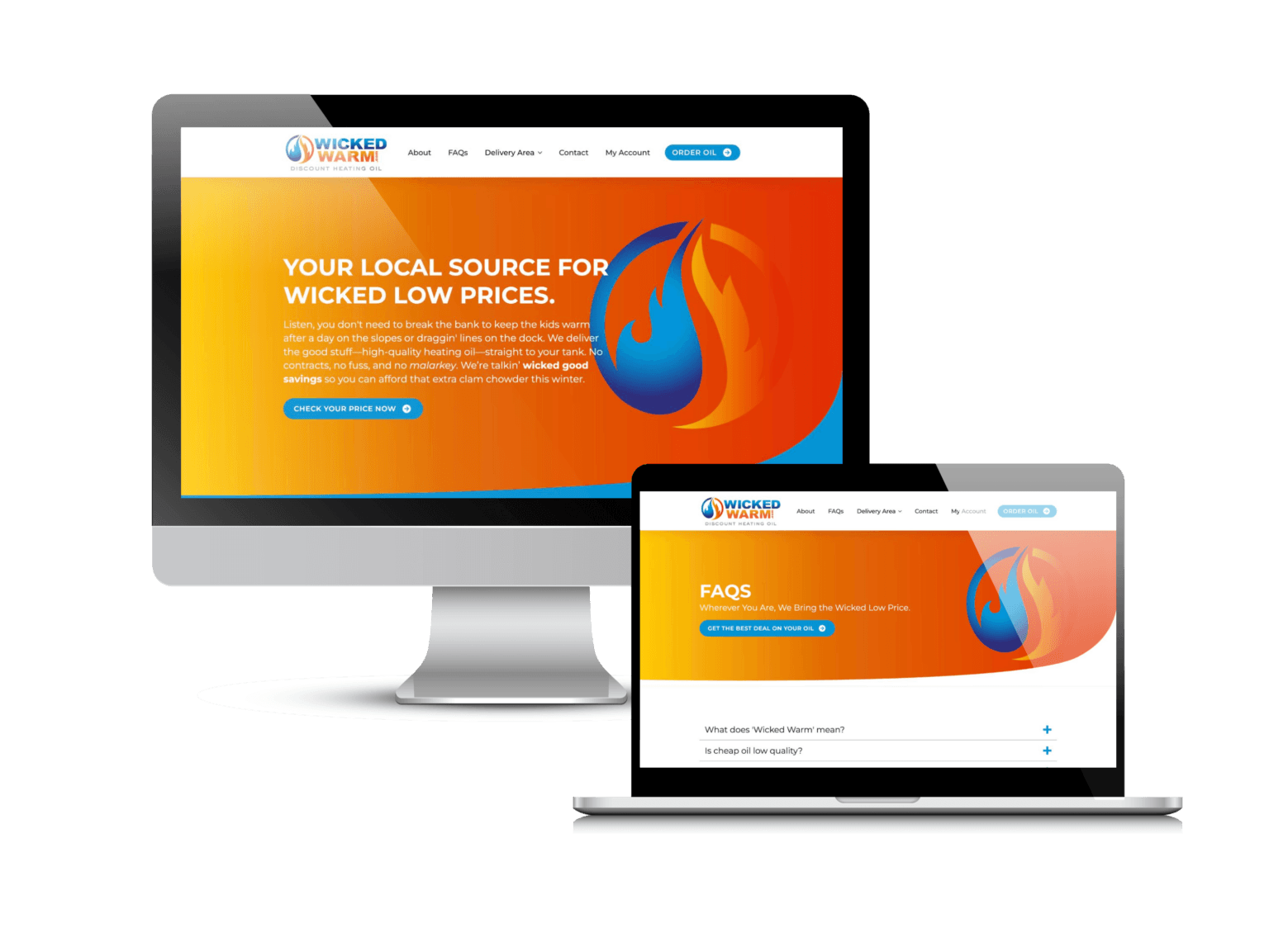 Heating oil website design: the Wicked Warm website Creare designed and built, on a desktop and a laptop